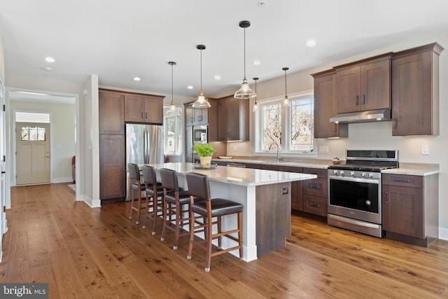 kitchen with light wood finished floors, under cabinet range hood, a breakfast bar area, appliances with stainless steel finishes, and a sink