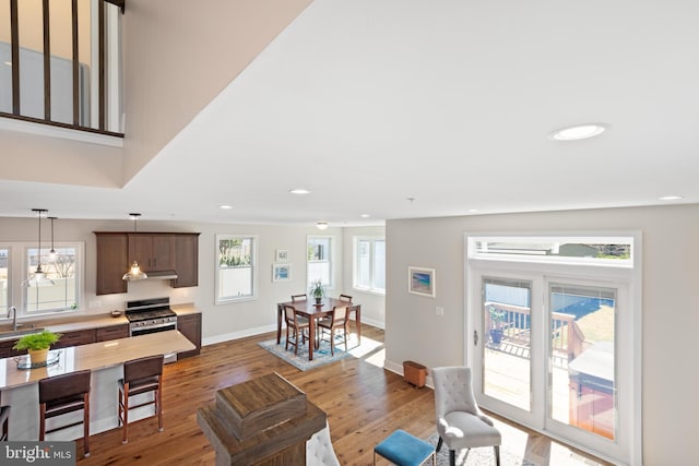 living area with recessed lighting, wood finished floors, and baseboards