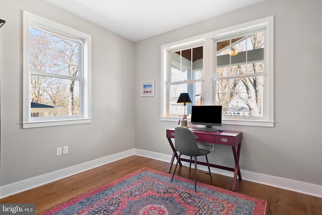 office featuring plenty of natural light, wood finished floors, and baseboards