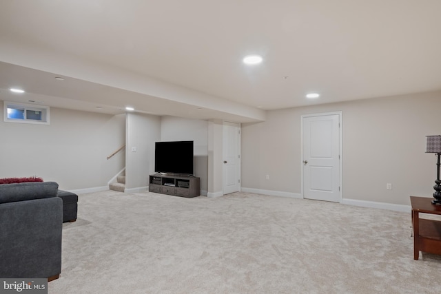 living room with recessed lighting, stairway, light carpet, and baseboards