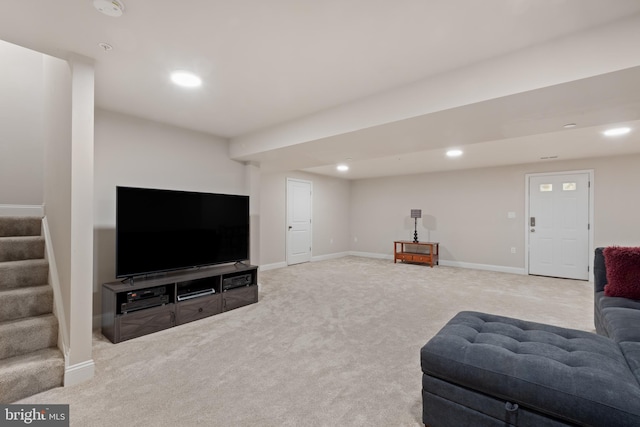 carpeted living room with stairs, recessed lighting, and baseboards