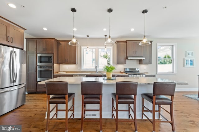 kitchen featuring under cabinet range hood, stainless steel appliances, light wood-type flooring, and light countertops