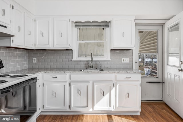 kitchen featuring white cabinetry, a sink, electric range, and wood finished floors