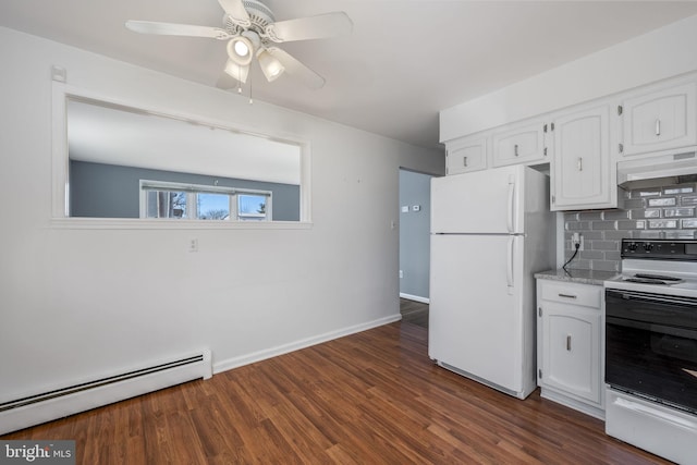 kitchen featuring under cabinet range hood, a baseboard heating unit, range with electric stovetop, white cabinetry, and freestanding refrigerator