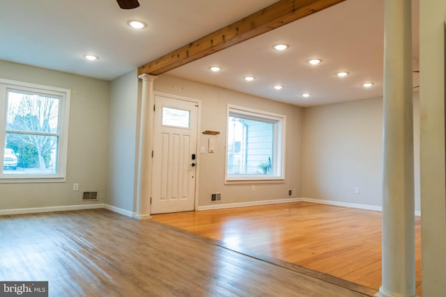 365 Heritage Way, Tuckerton, NJ 08087 - foyer entrance with ornate columns, light wood-style flooring, visible vents, and beamed ceiling