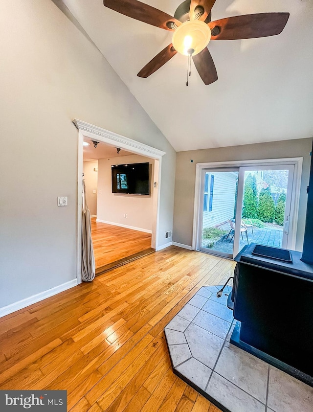 365 Heritage Way, Tuckerton, NJ 08087 - unfurnished living room featuring high vaulted ceiling, ceiling fan, baseboards, and hardwood / wood-style floors