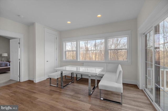 interior space with baseboards, wood finished floors, and recessed lighting