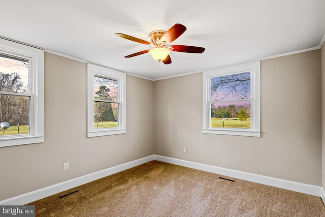 carpeted spare room with ornamental molding, baseboards, visible vents, and ceiling fan