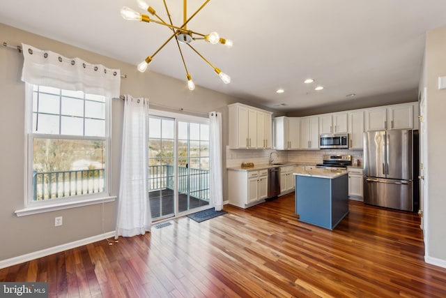 kitchen with dark wood-style floors, a sink, stainless steel appliances, white cabinets, and backsplash