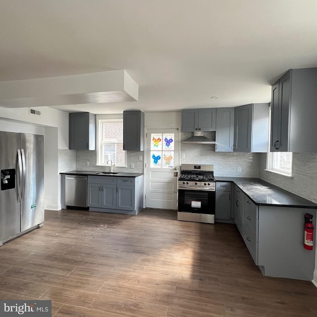 kitchen featuring under cabinet range hood, gray cabinets, stainless steel appliances, and dark wood-style flooring