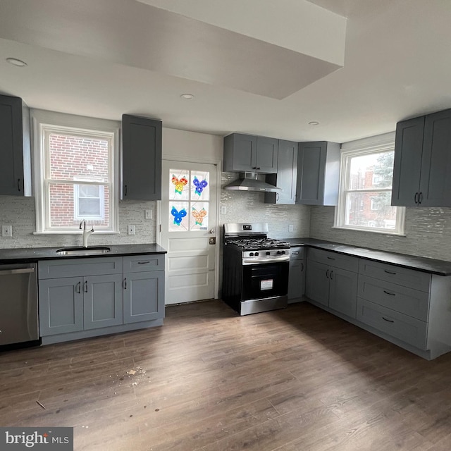 kitchen featuring extractor fan, stainless steel appliances, a sink, wood finished floors, and gray cabinets