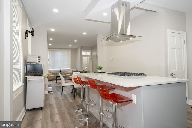 kitchen featuring island range hood, a kitchen island, open floor plan, wood finished floors, and gas stovetop