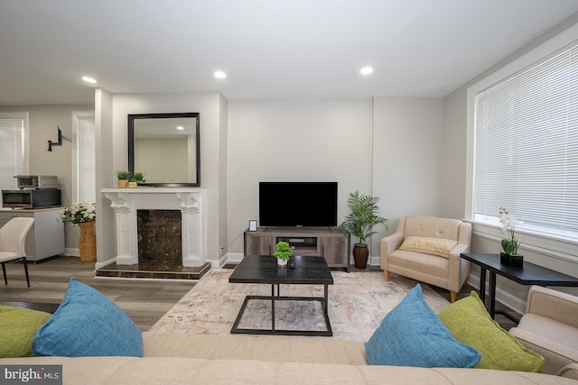 living area with baseboards, a premium fireplace, wood finished floors, and recessed lighting