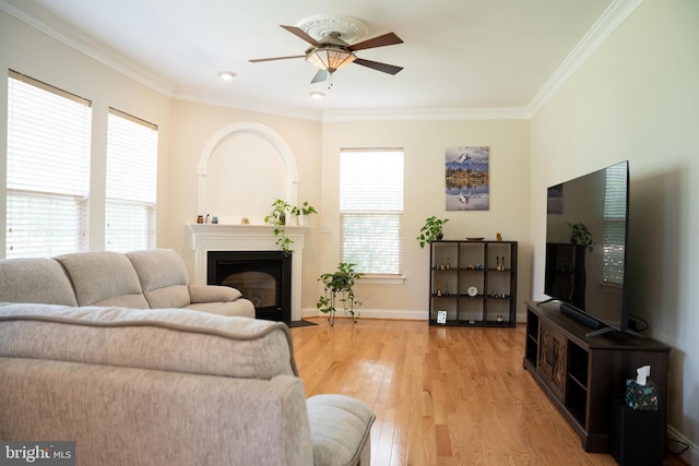 living area featuring a wealth of natural light, a fireplace with flush hearth, ornamental molding, and light wood finished floors