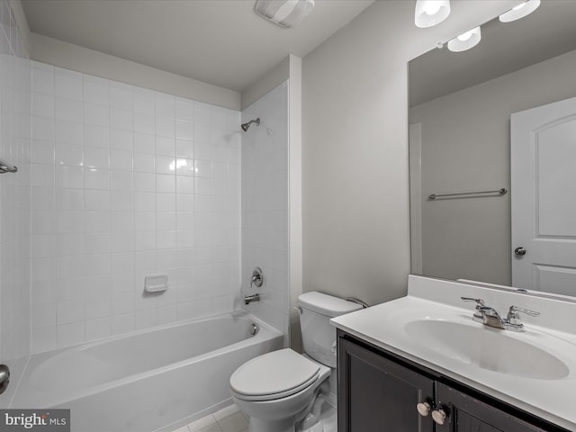 bathroom with visible vents, shower / bath combination, vanity, and toilet