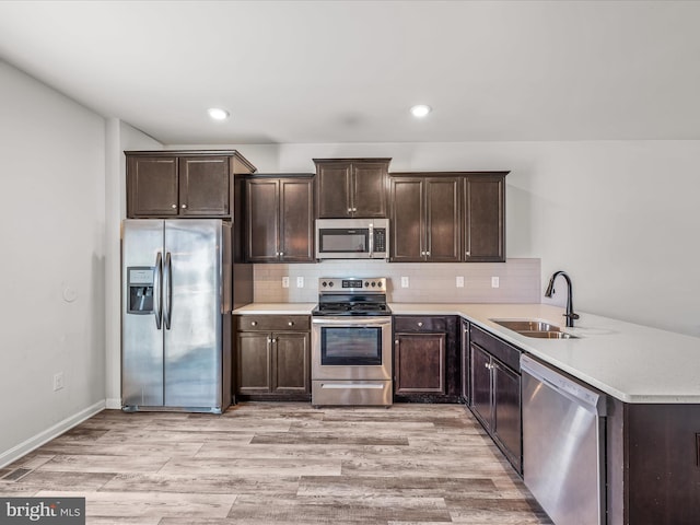 kitchen with appliances with stainless steel finishes, a sink, dark brown cabinetry, and tasteful backsplash