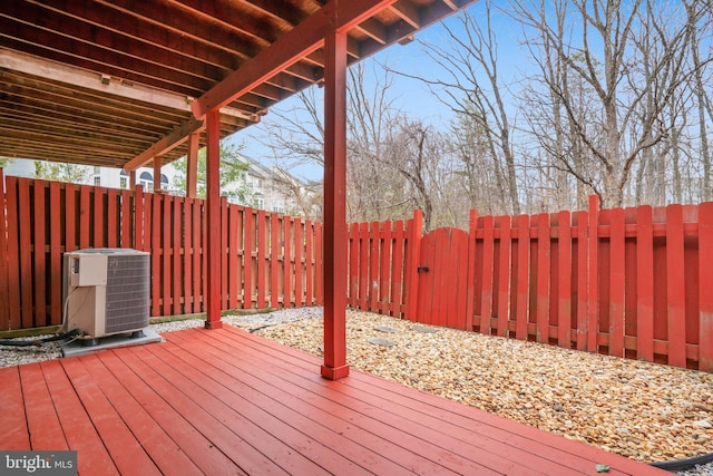 wooden deck featuring central air condition unit and a fenced backyard