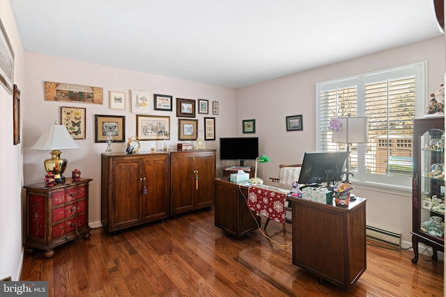 office space with dark wood-style floors and a baseboard heating unit