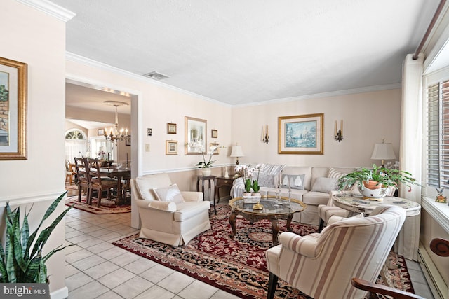 tiled living area featuring a healthy amount of sunlight, visible vents, and crown molding