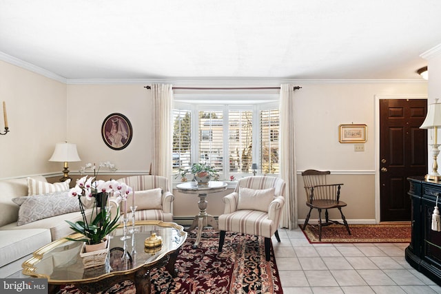 living area featuring light tile patterned floors, ornamental molding, and baseboards