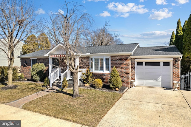 ranch-style house featuring an attached garage, brick siding, concrete driveway, roof with shingles, and a front yard