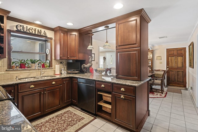 kitchen with visible vents, decorative backsplash, dishwasher, ornamental molding, and a sink