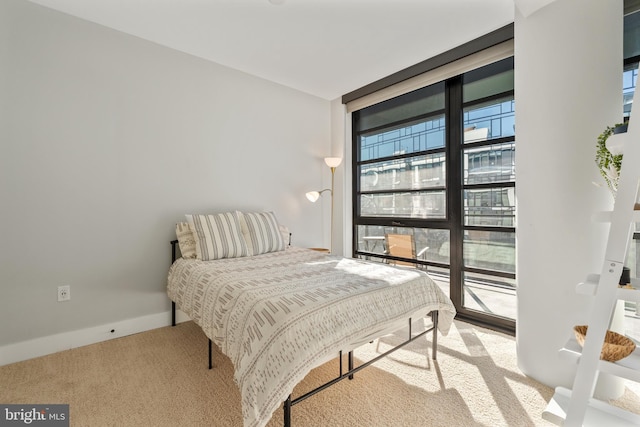 bedroom with expansive windows, carpet flooring, and baseboards