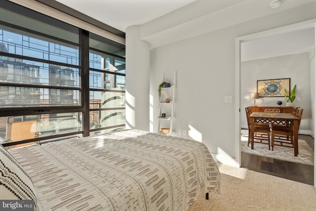 bedroom featuring floor to ceiling windows and wood finished floors