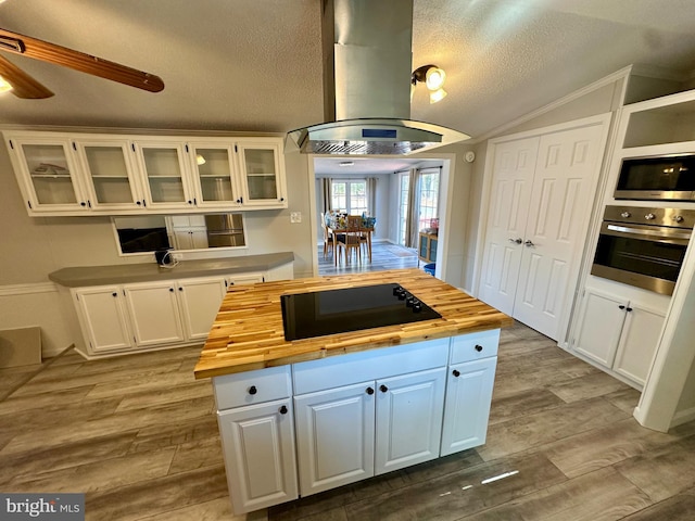 kitchen featuring stainless steel appliances, butcher block counters, island exhaust hood, and wood finished floors