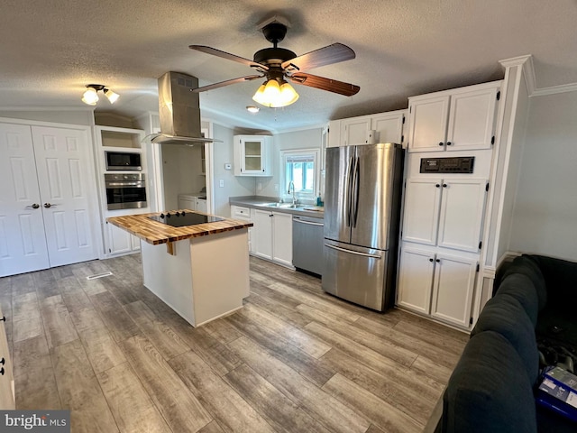 kitchen featuring island range hood, stainless steel appliances, white cabinets, wooden counters, and light wood finished floors