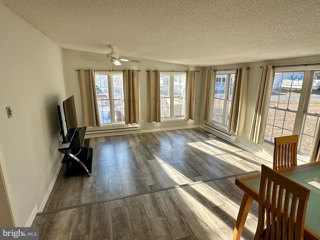 unfurnished living room featuring a healthy amount of sunlight, a textured ceiling, baseboards, and wood finished floors