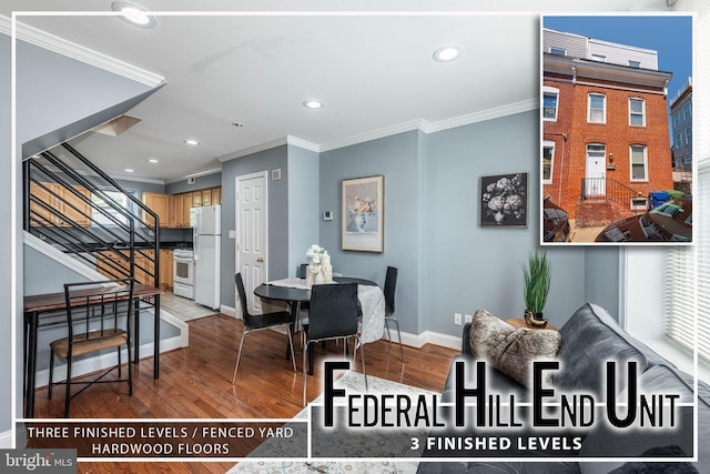 dining area with ornamental molding, stairway, wood finished floors, and baseboards