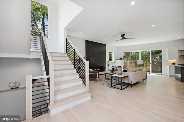 4810 3rd St N, Arlington, VA 22203 - living area with a ceiling fan, recessed lighting, stairway, light wood finished floors, and a fireplace