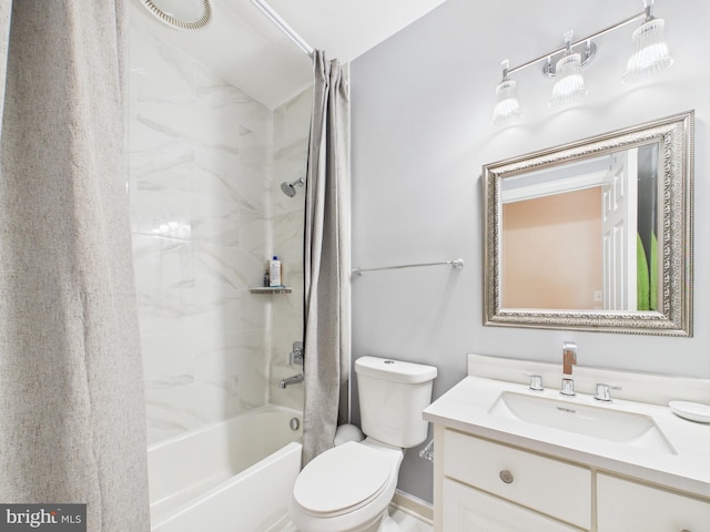 full bath featuring shower / tub combo, vanity, and toilet