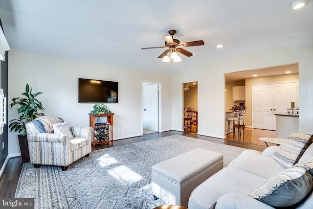 living room with recessed lighting, baseboards, dark wood finished floors, and a ceiling fan