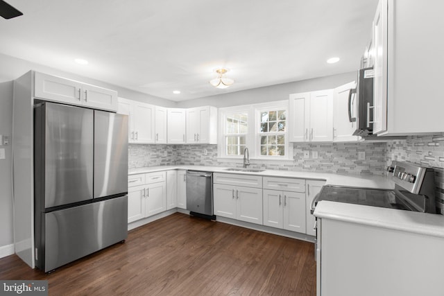 kitchen featuring appliances with stainless steel finishes, dark wood-style flooring, a sink, and tasteful backsplash