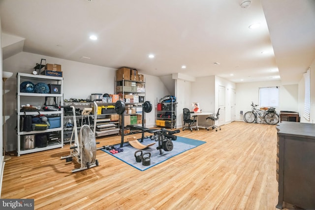 5664 Gainor Rd, Philadelphia, PA 19131 - workout room with wood finished floors and recessed lighting