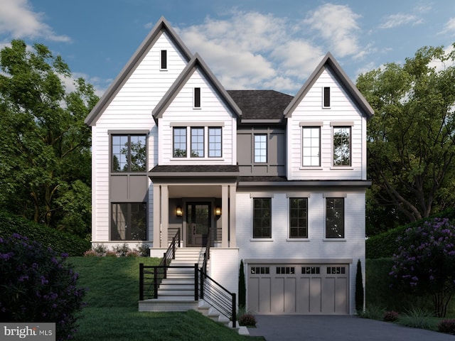 modern farmhouse featuring a garage, roof with shingles, driveway, and a front lawn