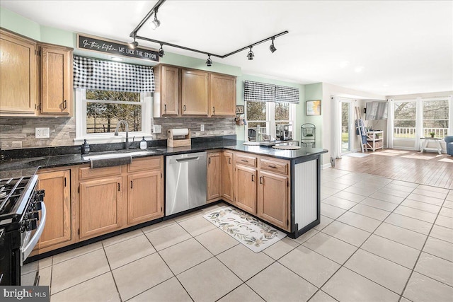 kitchen featuring a wealth of natural light, open floor plan, a peninsula, and stainless steel appliances