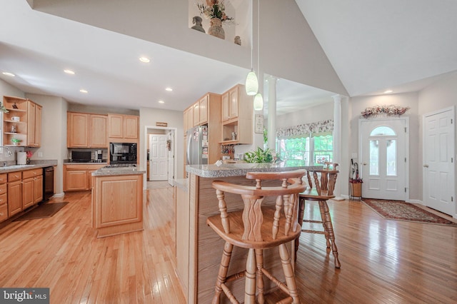 17024 Turtle Hl, Milford, DE 19963 - kitchen with light brown cabinetry, open shelves, a sink, black appliances, and light wood finished floors