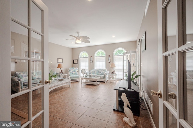 17024 Turtle Hl, Milford, DE 19963 - tiled living area featuring a ceiling fan, visible vents, french doors, and recessed lighting
