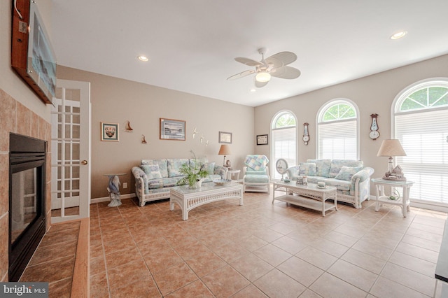 17024 Turtle Hl, Milford, DE 19963 - living room with a ceiling fan, baseboards, recessed lighting, and light tile patterned flooring