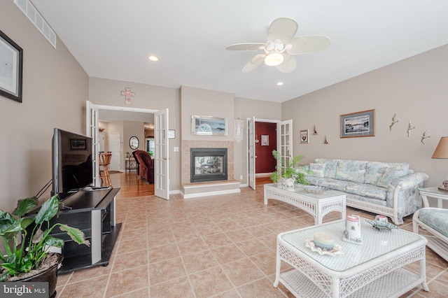 17024 Turtle Hl, Milford, DE 19963 - living area featuring a ceiling fan, visible vents, light tile patterned floors, and recessed lighting