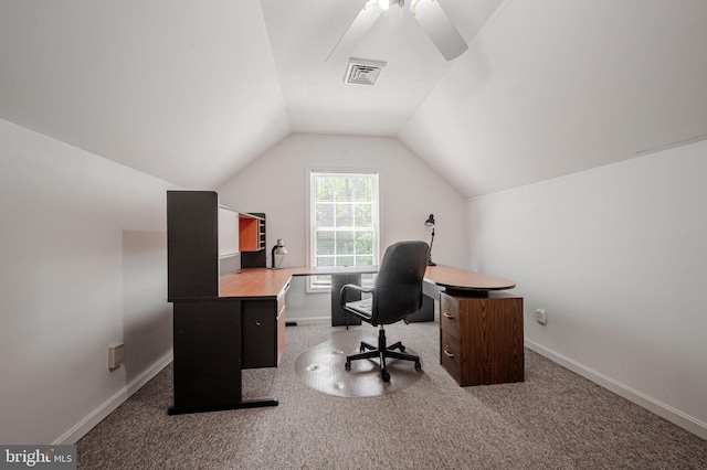 17024 Turtle Hl, Milford, DE 19963 - carpeted office with baseboards, a ceiling fan, vaulted ceiling, and visible vents