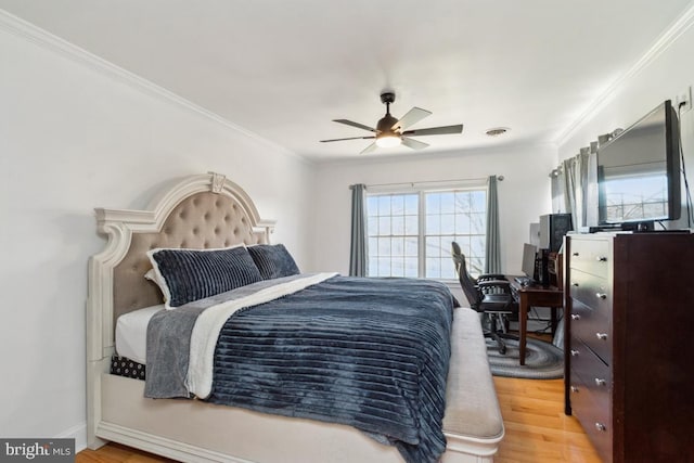 3524 Blenheim Rd, Phoenix, MD 21131 - bedroom with light wood finished floors, visible vents, baseboards, ornamental molding, and a ceiling fan
