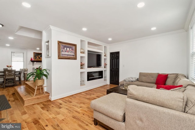 3524 Blenheim Rd, Phoenix, MD 21131 - living area featuring light wood finished floors, crown molding, baseboards, built in features, and recessed lighting