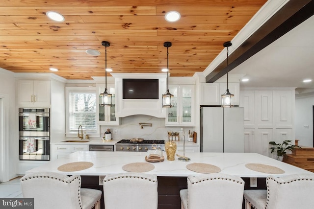 3524 Blenheim Rd, Phoenix, MD 21131 - kitchen with a sink, stainless steel appliances, glass insert cabinets, white cabinetry, and wooden ceiling