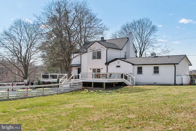 3524 Blenheim Rd, Phoenix, MD 21131 - back of house with fence, a wooden deck, a yard, a chimney, and crawl space