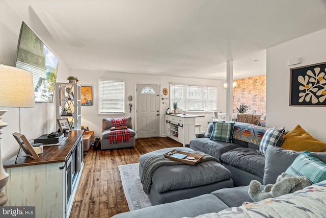 living room with plenty of natural light and wood finished floors