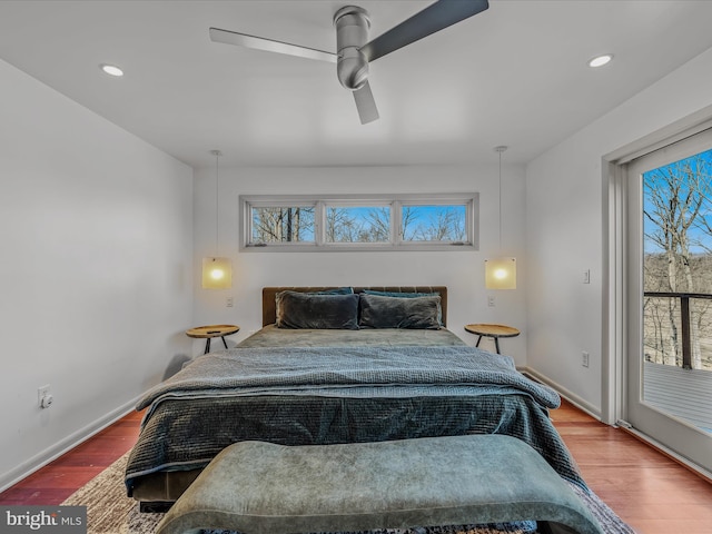 bedroom with access to outside, baseboards, ceiling fan, and wood finished floors